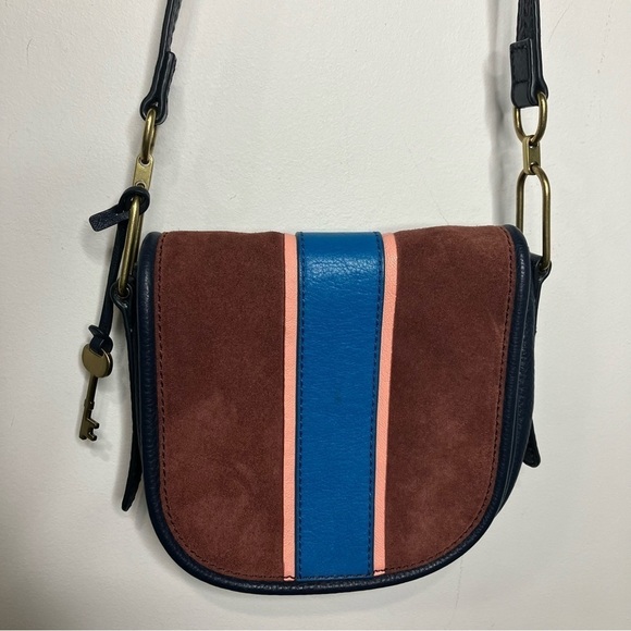 Fossil Rumi blue Cabernet striped suede leather flap crossbody bag small - Picture 2 of 15